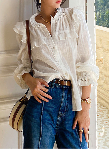 Cotton ruffled blouse with high neck and long sleeves, white, La