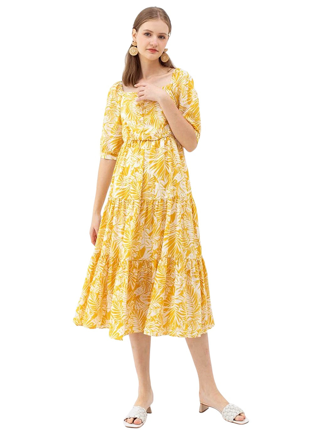 Sweetheart Neck Palm Leaf Print Tiered Maxi Dress in Mustard