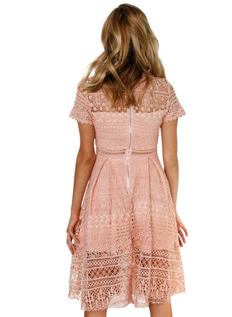 Short Sleeve Cotton Crochet Skater Dress in Rose Pink