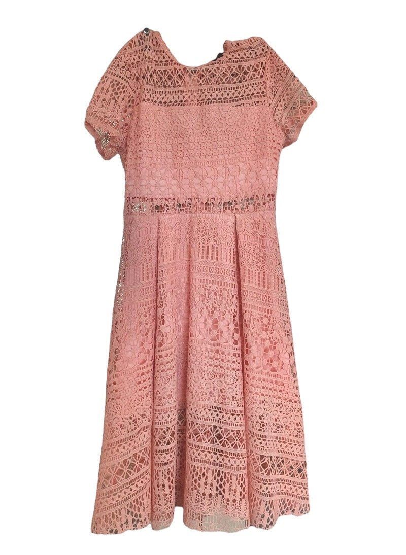 Short Sleeve Cotton Crochet Skater Dress in Rose Pink