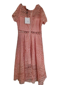 Short Sleeve Cotton Crochet Skater Dress in Rose Pink