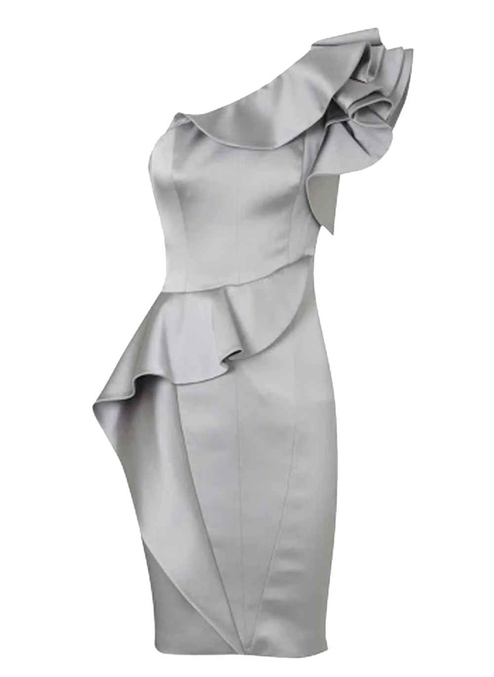 Curvaceous Satin One Shoulder Dress in Silver