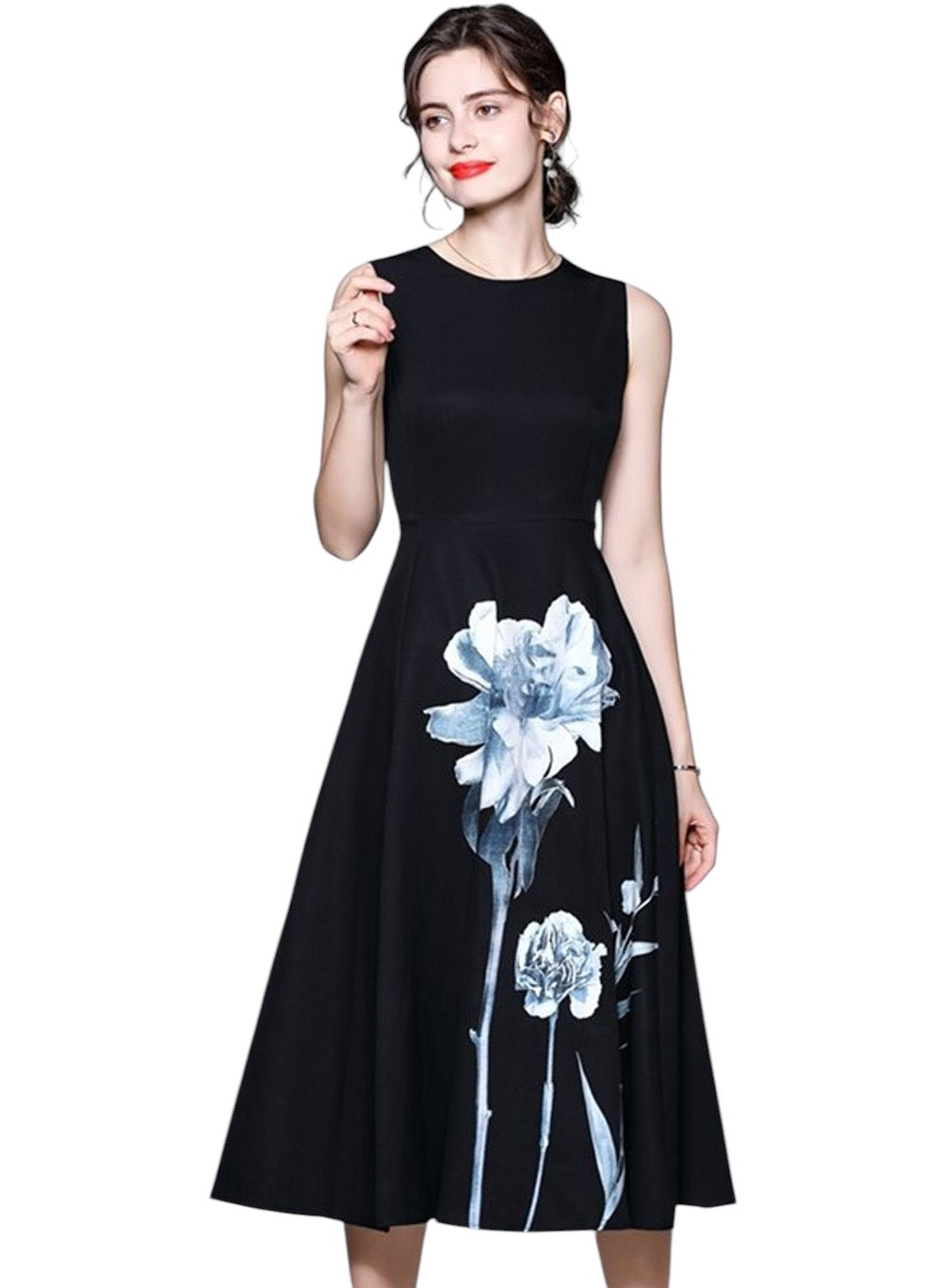 Sleeveless Floral Empire Waist Fit-and-Flare Midi Dress