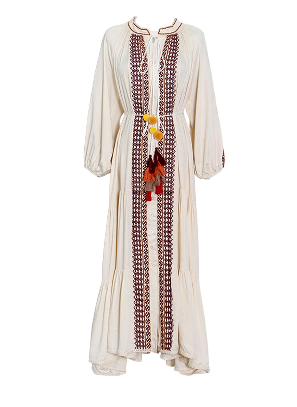 Moroccan High Neck Embroidered Tassel Swing Dress in Beige