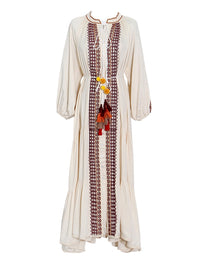 Moroccan High Neck Embroidered Tassel Swing Dress in Beige