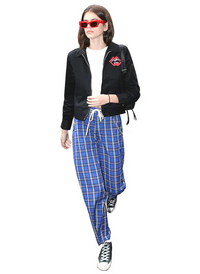 Kaia High Waist Wide Leg Check Pants with Chain