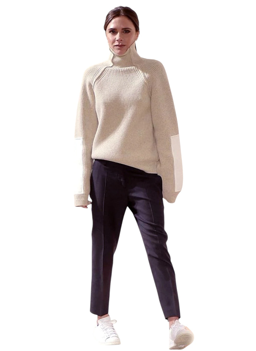 Turtleneck Relaxed Elbow-pad Beige Sweater & Black Cigarette Pants