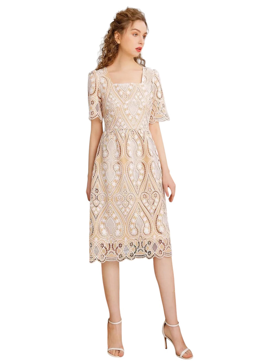 Square Neck Puffy Sleeve Eyelet Flared Midi Dress in Beige