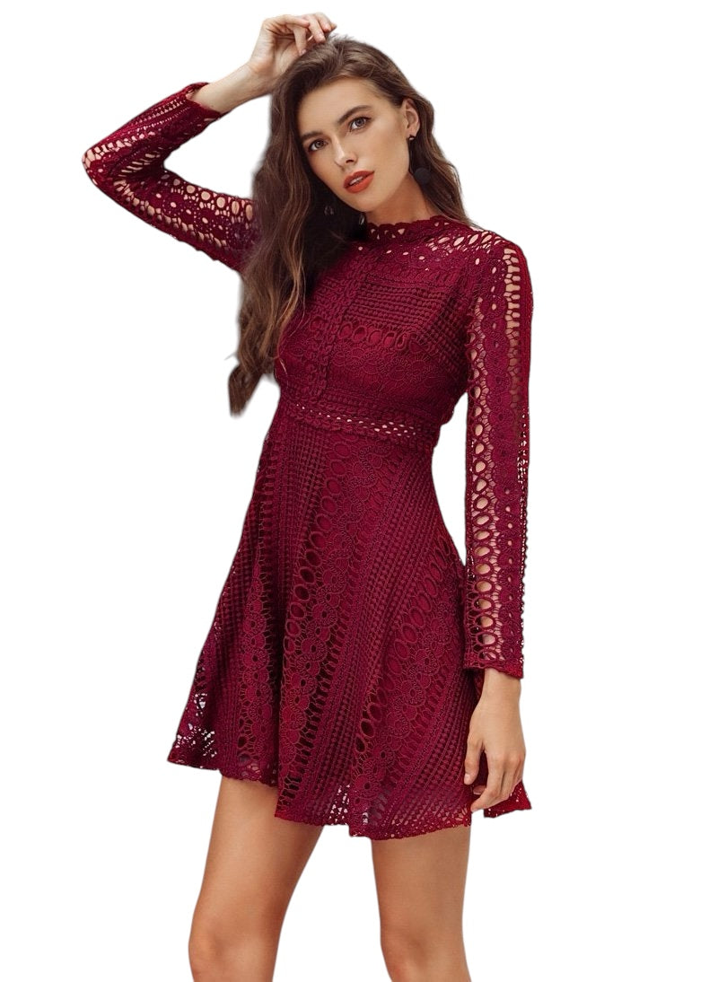 High Neck Crochet Lace Skater Dress - Burgundy