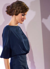 Queen Letizia Dolman Sleeve A-line Midi Cape Dress in Navy