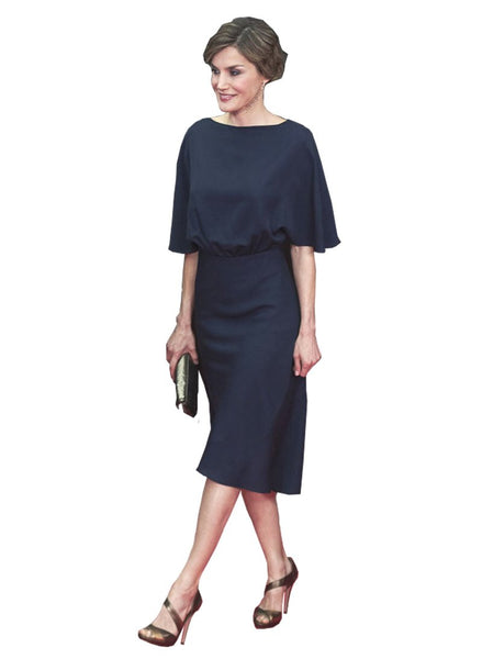 Queen Letizia Dolman Sleeve A-line Midi Cape Dress in Navy