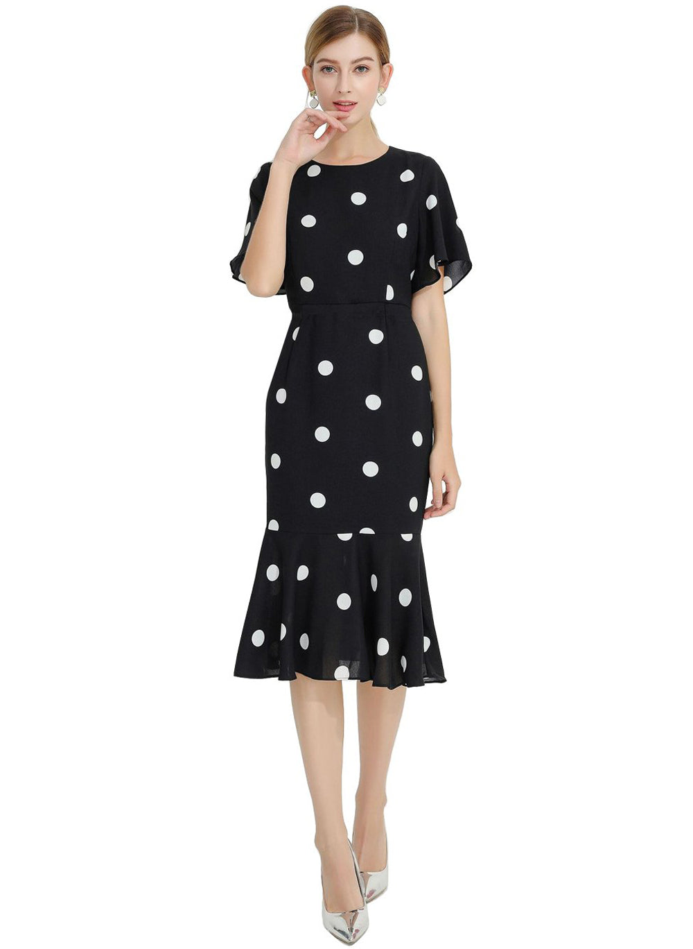 Polka Dot Print Flutter Sleeve Fishtail Midi Dress