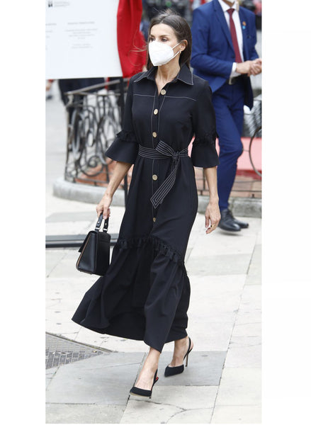 Queen Letizia Inspired Black Denim-Like Tiered Shirt Dress with Asymmetric Hem