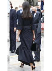 Queen Letizia Inspired Black Denim-Like Tiered Shirt Dress with Asymmetric Hem