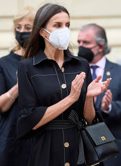 Queen Letizia Inspired Black Denim-Like Tiered Shirt Dress with Asymmetric Hem