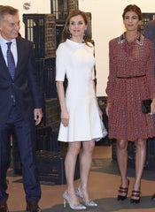 Queen Letizia Inspired White High-neck Short Sleeve Fit-and-Flare Dress