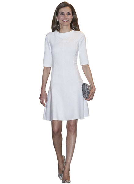 Queen Letizia Inspired White High-neck Short Sleeve Fit-and-Flare Dress