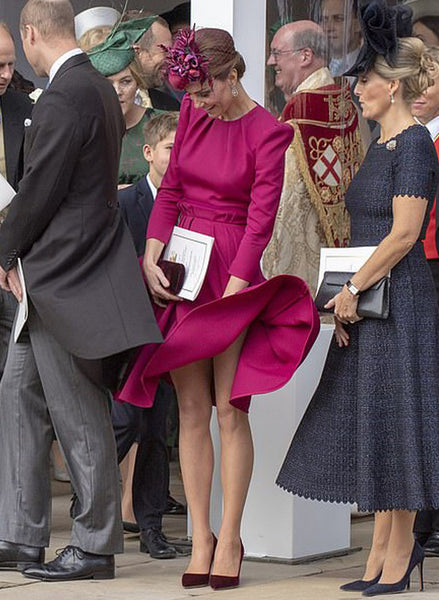 Kate Middleton Inspired Raspberry Pink Puff Sleeve Pleated Midi Dress