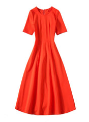 Kate Middleton Coral Red Round Neck Short Sleeve Fit-&-Flared Midi Dress