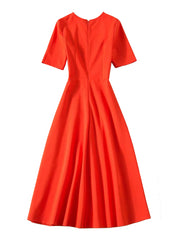 Kate Middleton Coral Red Round Neck Short Sleeve Fit-&-Flared Midi Dress