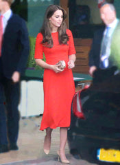 Kate Middleton Coral Red Round Neck Short Sleeve Fit-&-Flared Midi Dress