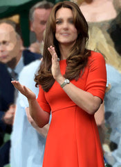 Kate Middleton Coral Red Round Neck Short Sleeve Fit-&-Flared Midi Dress