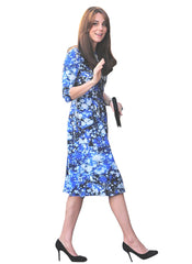 Kate Middleton Inspired Blue Space Print Boat Neck Fit-&-Flare Dress with 3/4 Sleeves