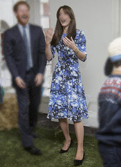 Kate Middleton Inspired Blue Space Print Boat Neck Fit-&-Flare Dress with 3/4 Sleeves