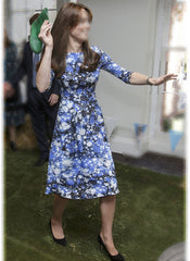 Kate Middleton Inspired Blue Space Print Boat Neck Fit-&-Flare Dress with 3/4 Sleeves