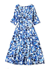 Kate Middleton Inspired Blue Space Print Boat Neck Fit-&-Flare Dress with 3/4 Sleeves