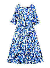 Kate Middleton Inspired Blue Space Print Boat Neck Fit-&-Flare Dress with 3/4 Sleeves