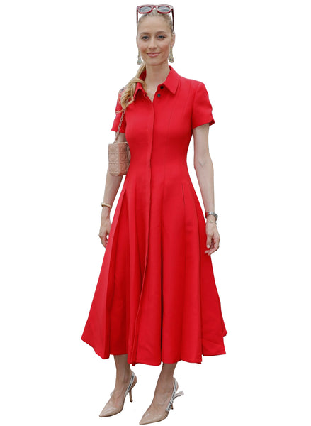 Beatrice Borromeo Red Shirt Collar Fit-&-Flare Pleated Shirt Dress