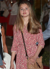 Queen Letizia Inspired Red Aztec Printed Button-Down Shirt with Belted Waist