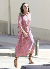 Queen Letizia Inspired Red Aztec Printed Button-Down Shirt with Belted Waist