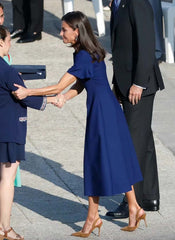 Queen Letizia Inspired Navy Flutter Short-Sleeved A-line Midi Flare Dress