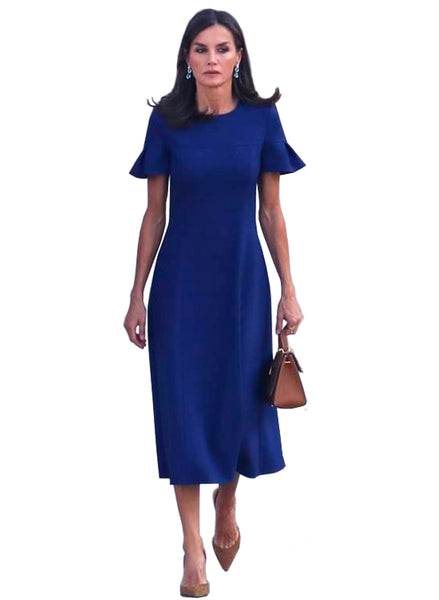 Queen Letizia Inspired Navy Flutter Short-Sleeved A-line Midi Flare Dress