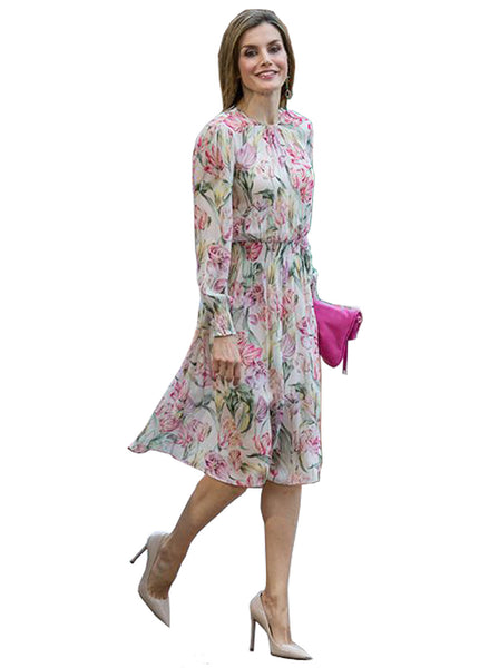 Queen Letizia Floral Printed Chiffon Skater Dress with Figure-Flattering Shirred Waist