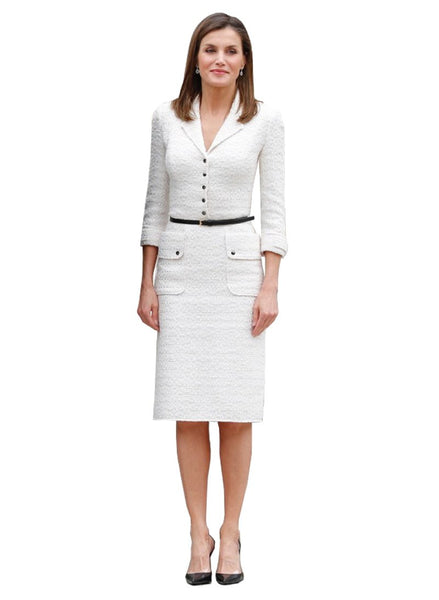 Queen Letizia Inspired White Wool Tweed Fitted Pencil Dress