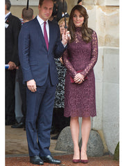 Kate Middleton Inspired Aubergine Floral Crochet Lace Midi Dress