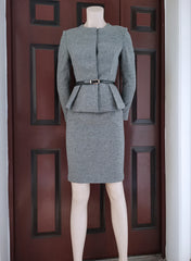 Queen Letizia Inspired Grey Woolen Peplum Blazer and Pencil Skirt Co-ord Set