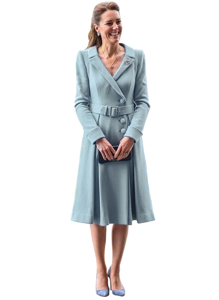 Kate Middleton Inspired Dusty Blue Button-Down Fit-&-Flared Belted Coat Dress