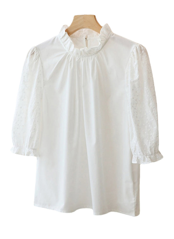 Ruffled High-Neck White Cotton Blouse with Embroidered Sleeves