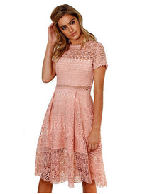 Short Sleeve Cotton Crochet Skater Dress in Rose Pink