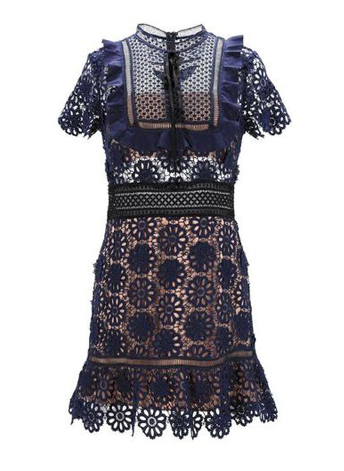 Floral Daisy Crochet Lace Mini Dress in Navy