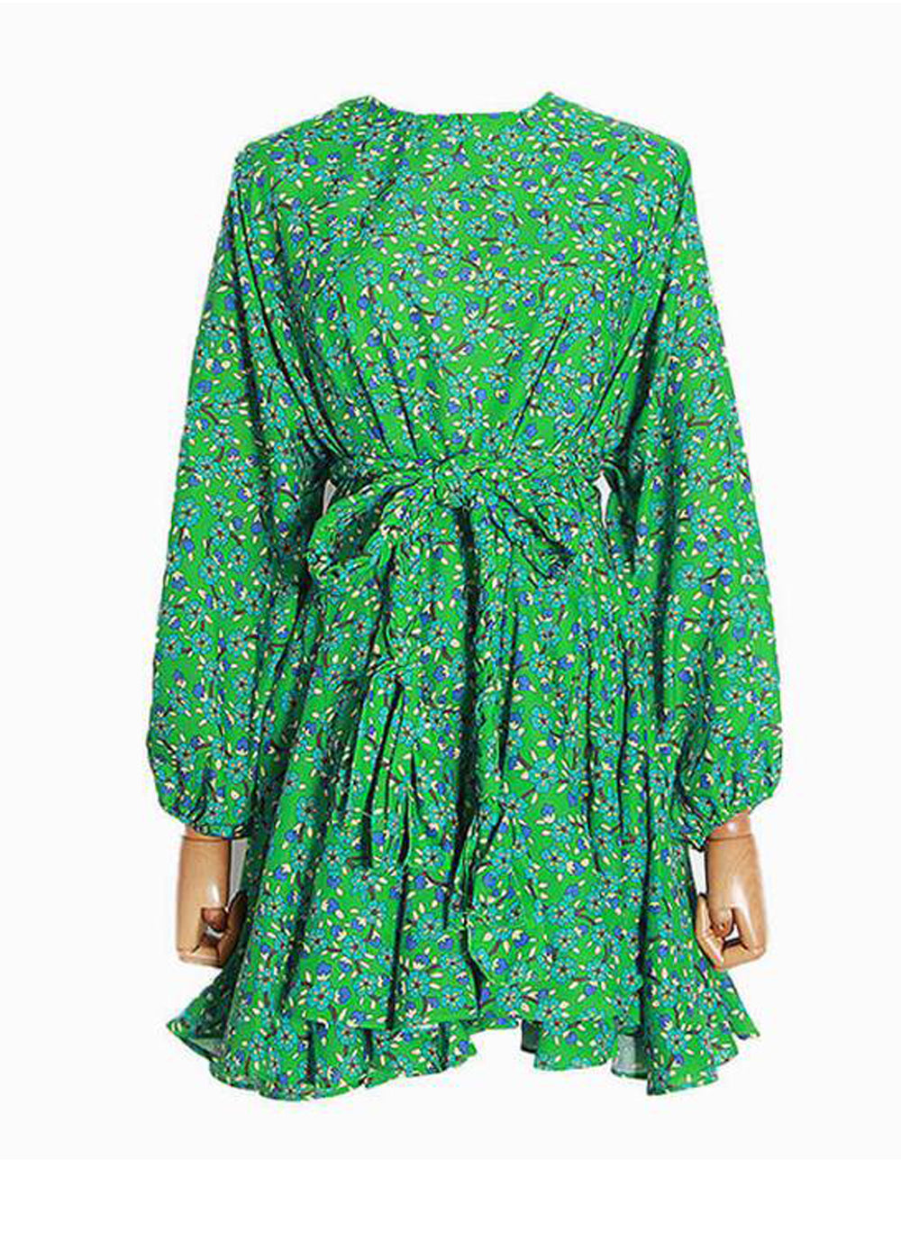 Green Garden Floral Print Tie-waist Ruffle Mini Dress