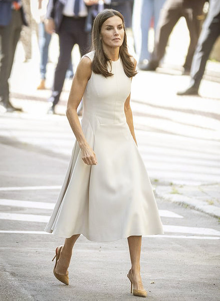 Queen Letizia Inspired Sleeveless Fit And Flare Midi Dress in Beige