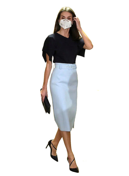 Queen Letizia Inspired Navy Slit Short Sleeve Blouse & High-Waisted Pencil Blue Skirt