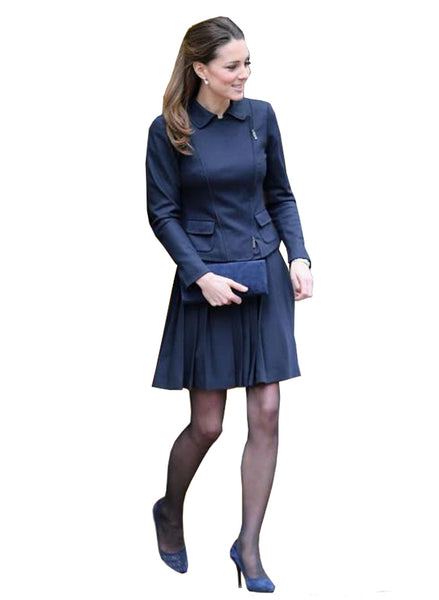 Kate Middleton Inspired Navy Zip-up Moto Jacket & Knife-pleated Short Skirt Set