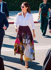 Queen Mary of Denmark Pleated White Blouse & High-waist Floral Skirt Set