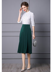 Queen Mary of Denmark Bracelet Sleeve Print Shirt & High-waist Flared Green Skirt